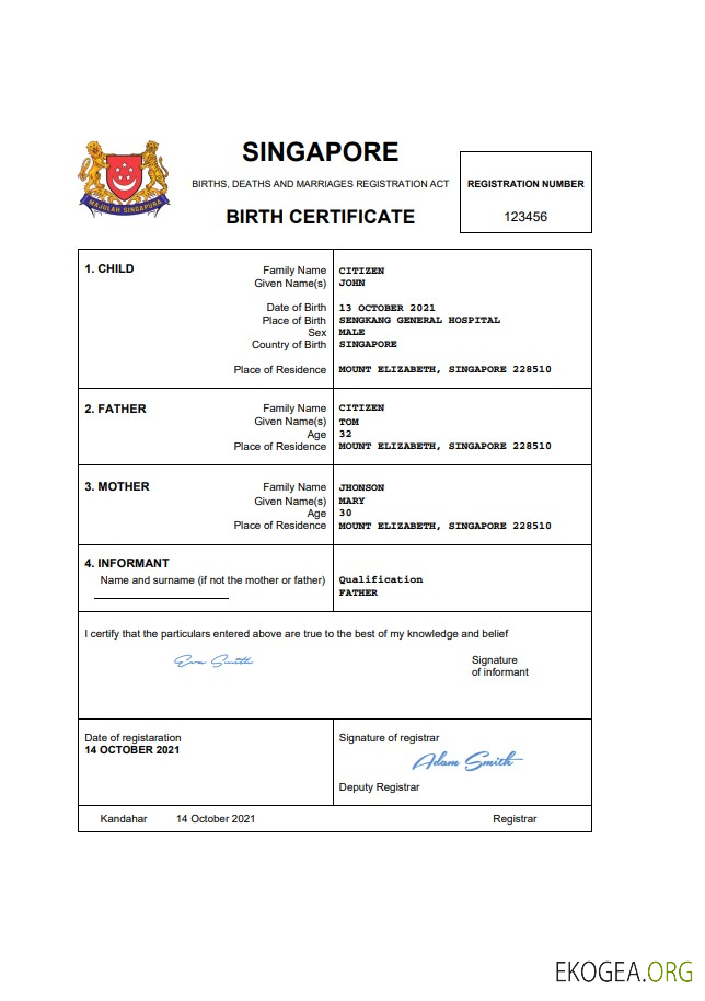 Modèle Word et PDF d'acte de naissance de l'état civil de Singapour